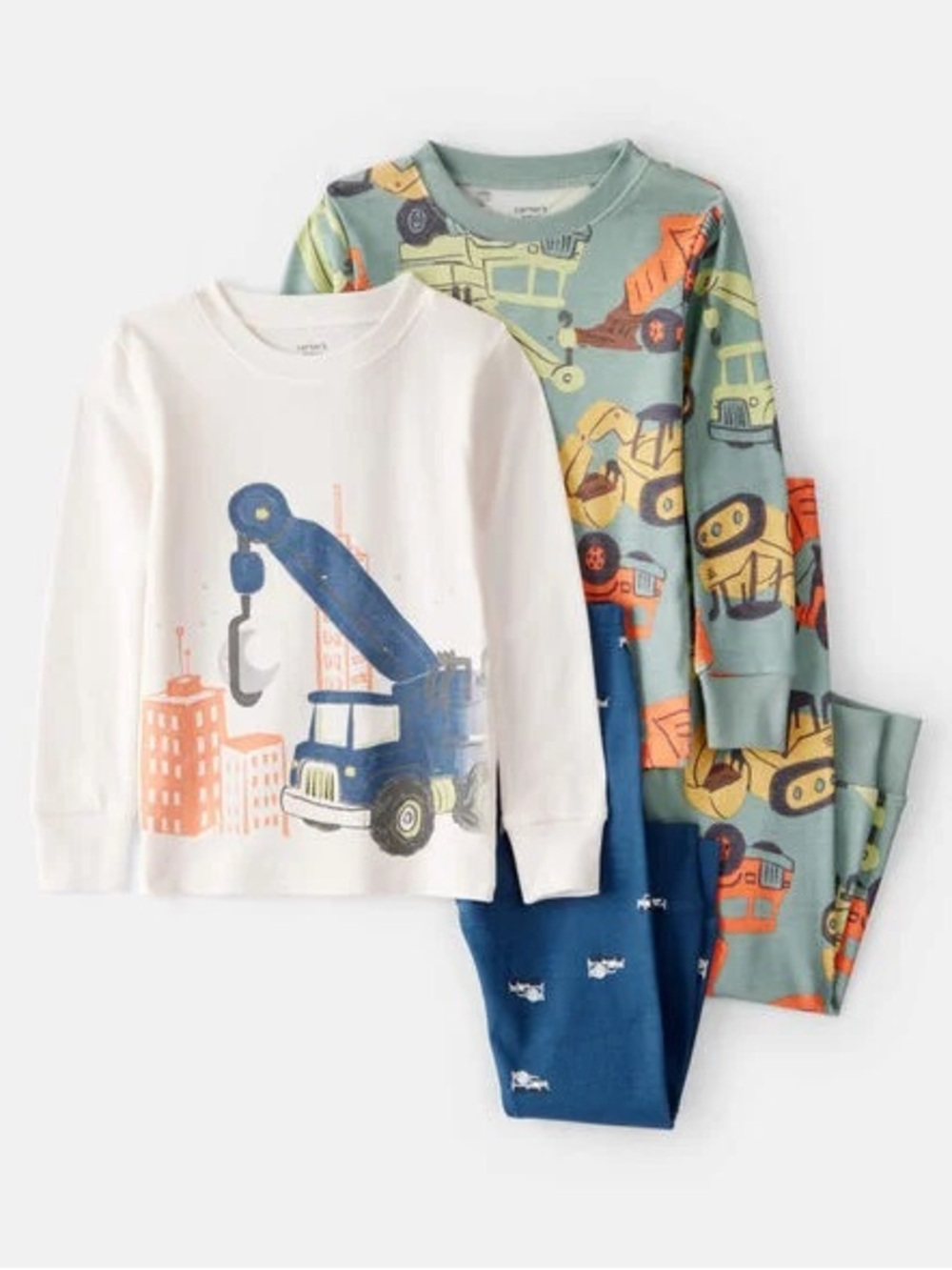 Kids Construction Crane Pajama 4 Piece Set - White & Green